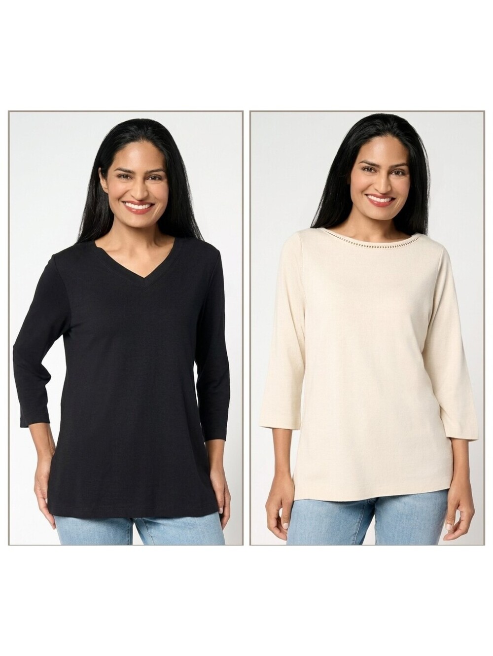 Belle by Kim Gravel Set of 2 3/4 Sleeve Slub Knit Tops Sand Bar/Black, X-Large